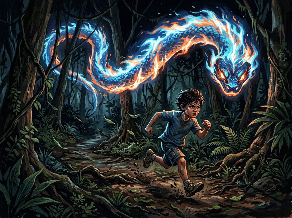 Ilustração para 9 a 12 anos: criança corre na floresta escura com uma serpente de fogo azul