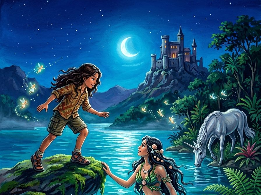 Menina estende a mão para uma sereia numa lagoa encantada, com um castelo ao fundo